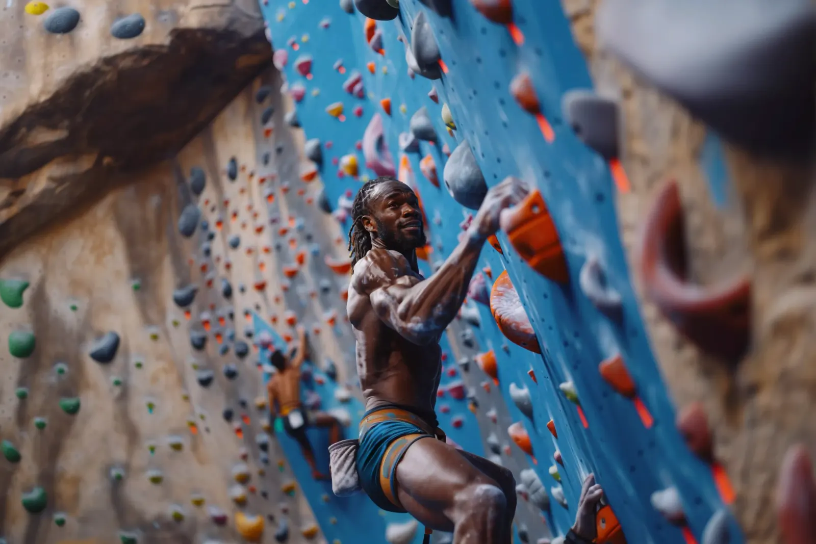 Un grimpeur concentré saisit une prise orange sur un grand mur bleu en dévers.